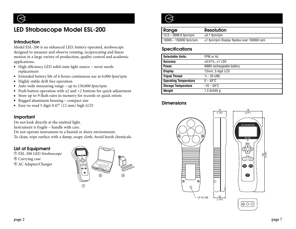 Led stroboscope model esl-200, Specifications range resolution, Dimensions | Introduction, Important, List of equipment | Checkline ESL-200 User Manual | Page 2 / 4