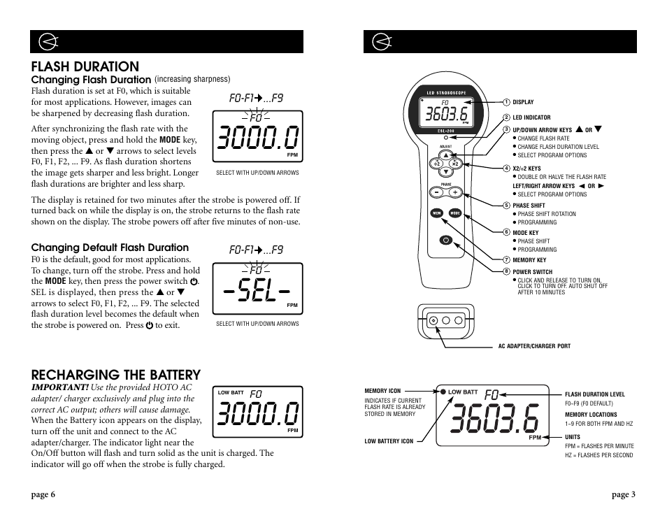 Flash duration, Recharging the battery, F0-f1 ...f9 | Checkline ESL-200 User Manual | Page 3 / 4