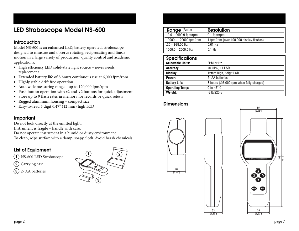 Led stroboscope model ns-600 | Checkline NS-600 User Manual | Page 2 / 4
