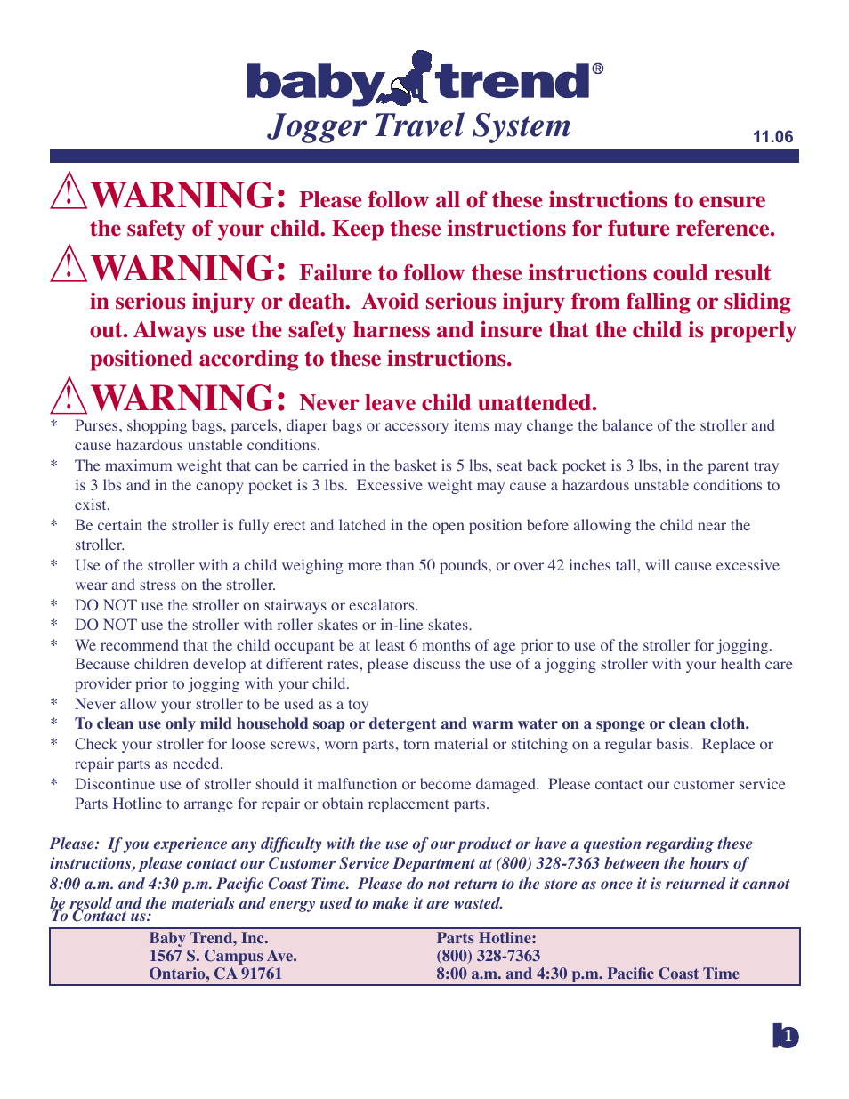 Warning, Jogger travel system, Never leave child unattended | Baby Trend Jogger Travel System 9139CT User Manual | Page 2 / 9