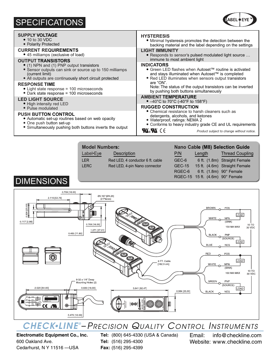 L i n e, Dimensions, Specifications | Checkline LS-GAPSENSOR User Manual | Page 2 / 2