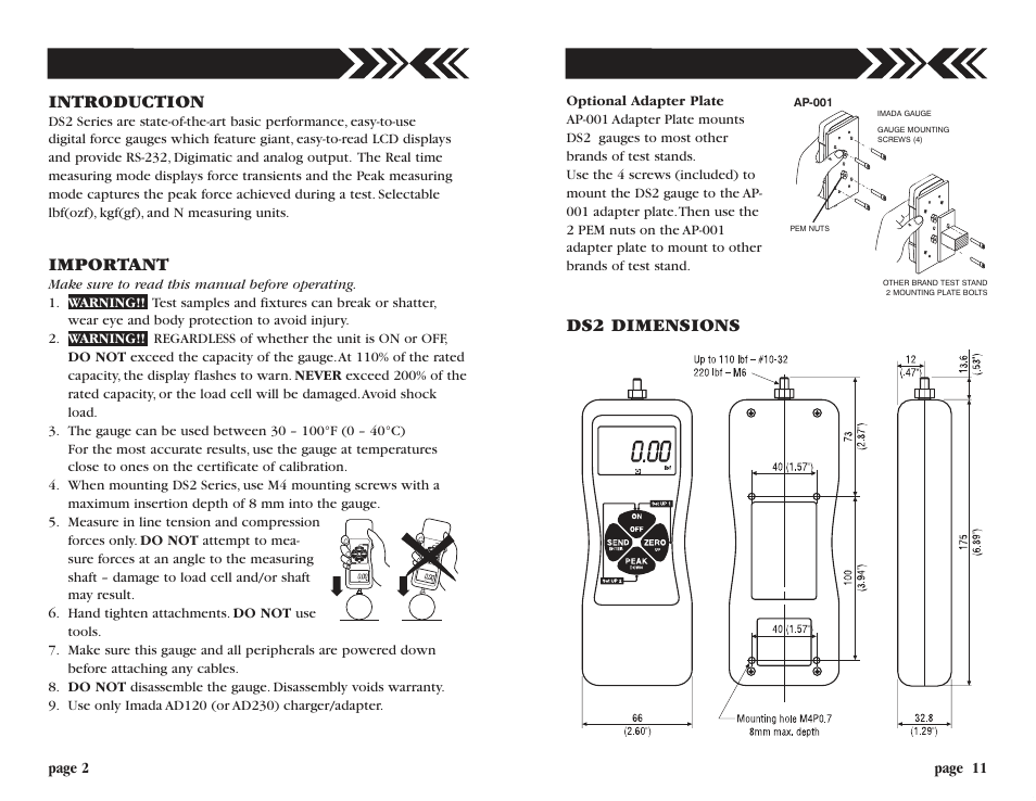 Introduction, Important, Ds2 dimensions | Checkline DS2 User Manual | Page 2 / 6