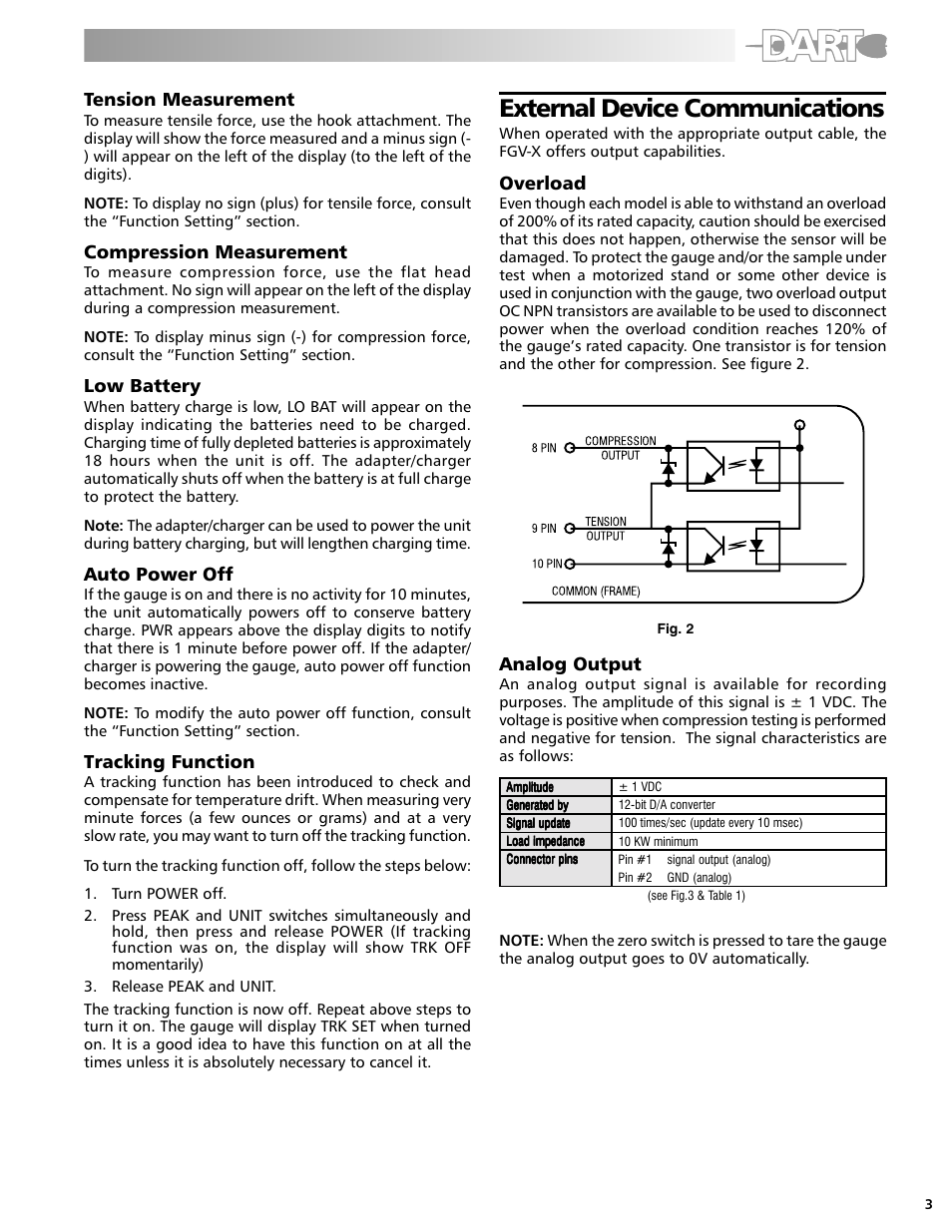 External device communications, Tension measurement, Compression measurement | Low battery, Auto power off, Tracking function, Overload, Analog output | Checkline FGE User Manual | Page 3 / 8