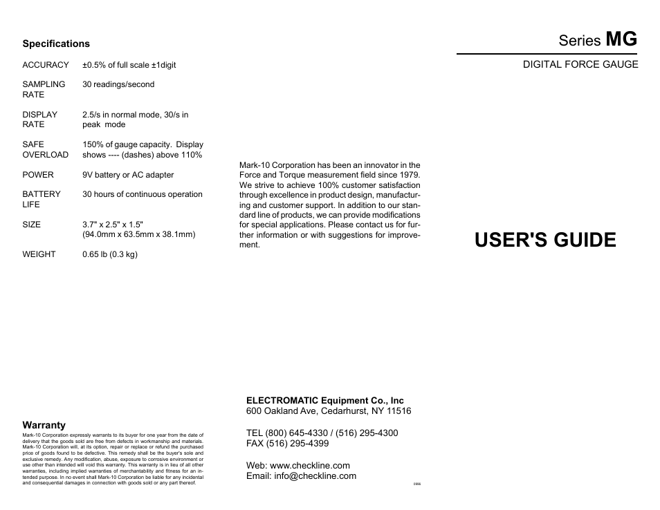 User's guide, Series | Checkline MG User Manual | Page 2 / 2