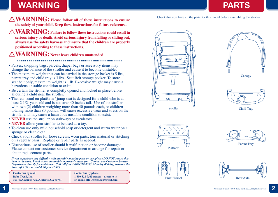 Parts warning, Warning | Baby Trend Tag-A-Long Tandem Stroller 2.1 User Manual | Page 2 / 6