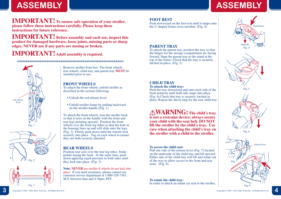 Assembly, Warning, Important | Baby Trend Tag-A-Long Tandem Stroller 2.1 User Manual | Page 3 / 6