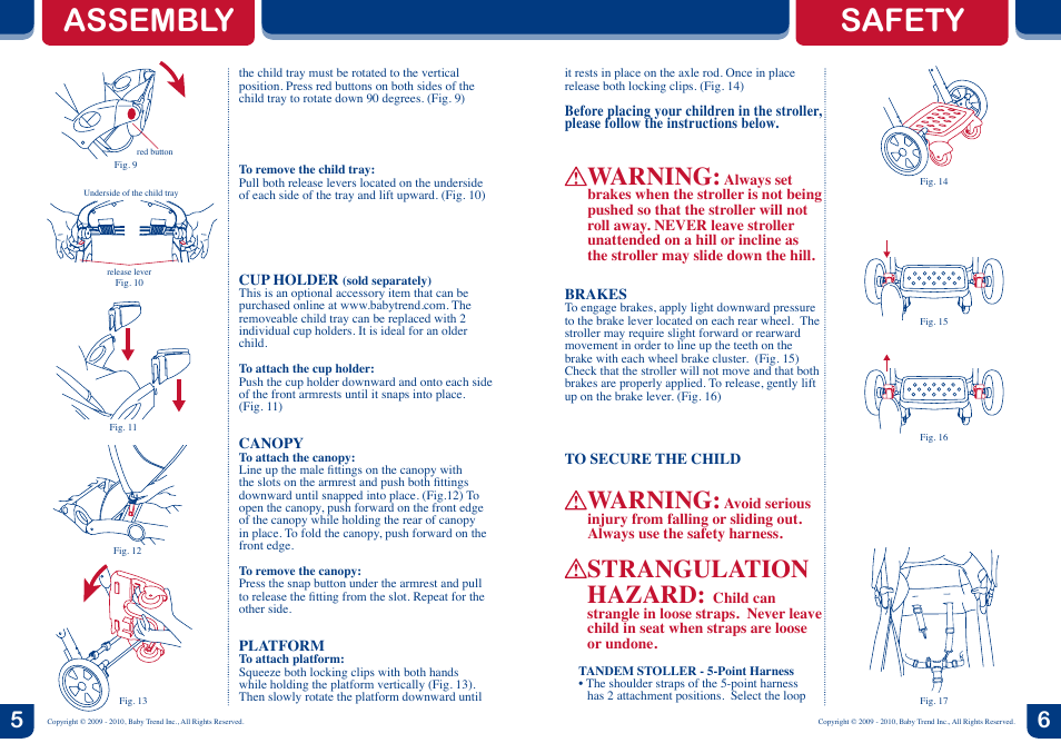 Assembly safety, Warning, Strangulation hazard | Baby Trend Tag-A-Long Tandem Stroller 2.1 User Manual | Page 4 / 6
