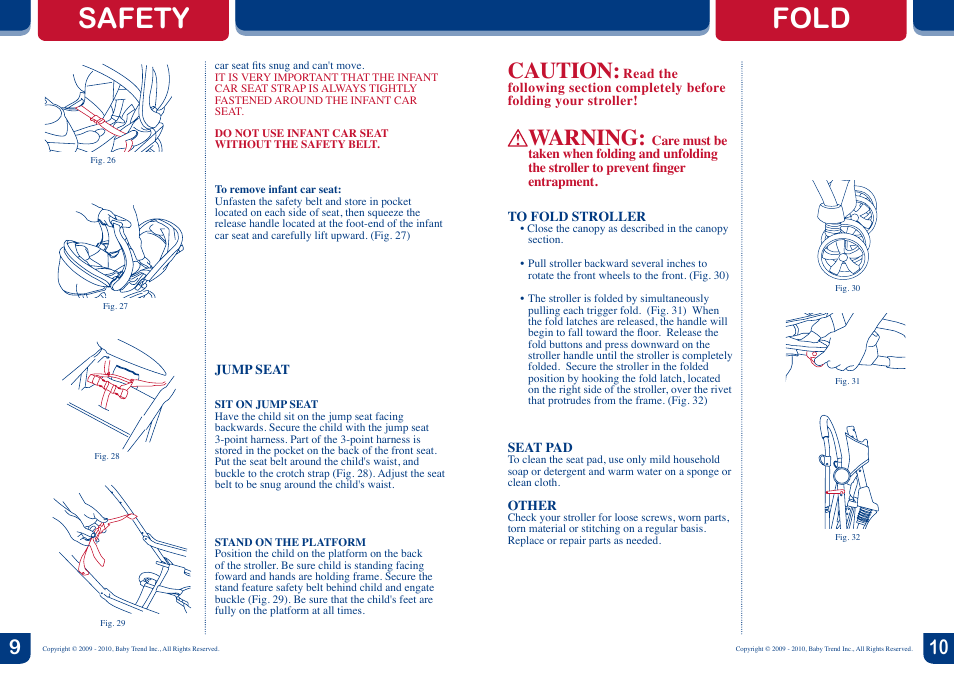 Safety, Fold, Caution | Warning | Baby Trend Tag-A-Long Tandem Stroller 2.1 User Manual | Page 6 / 6