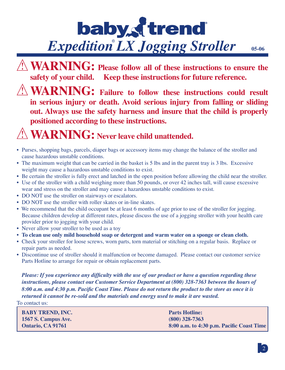 Expedition lx jogging stroller, Warning, Never leave child unattended | Baby Trend Expedition Jogging Stroller 9100 User Manual | Page 2 / 8
