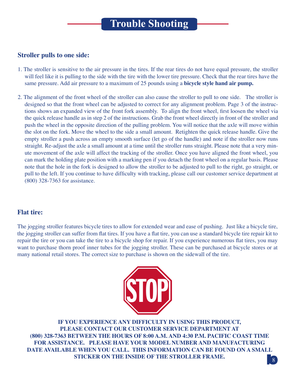 Stop, Trouble shooting | Baby Trend Expedition Jogging Stroller 9100 User Manual | Page 8 / 8