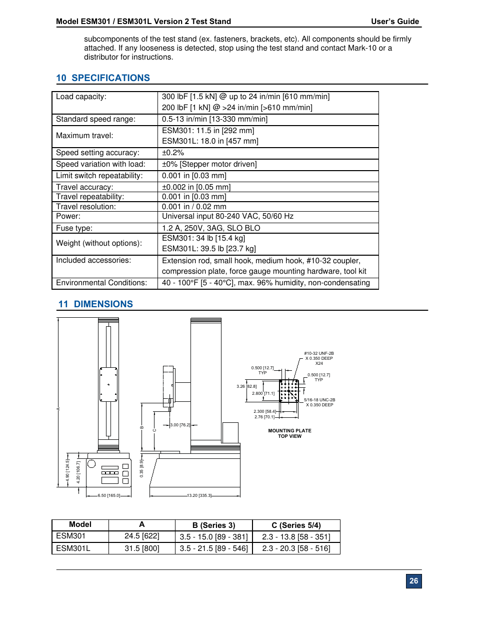 10 specifications, 11 dimensions | Checkline ESM301 User Manual | Page 26 / 27