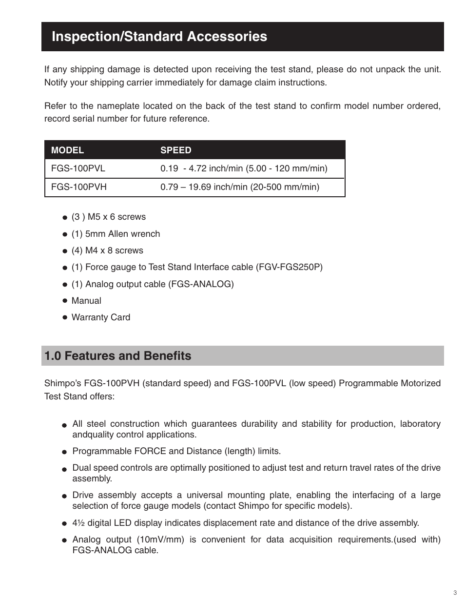 Inspection/standard accessories, 0 features and benefi ts | Checkline FGS-100PV User Manual | Page 3 / 20