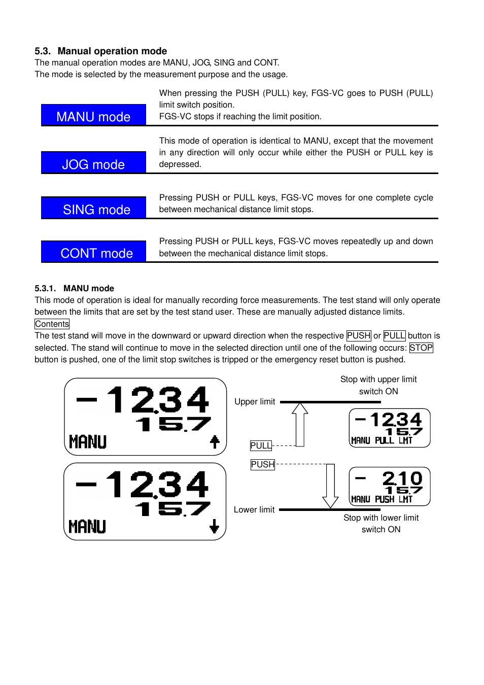 Manual operation mode, Manu mode, Jog mode | Sing mode, Cont mode | Checkline FGS-220VC User Manual | Page 13 / 33