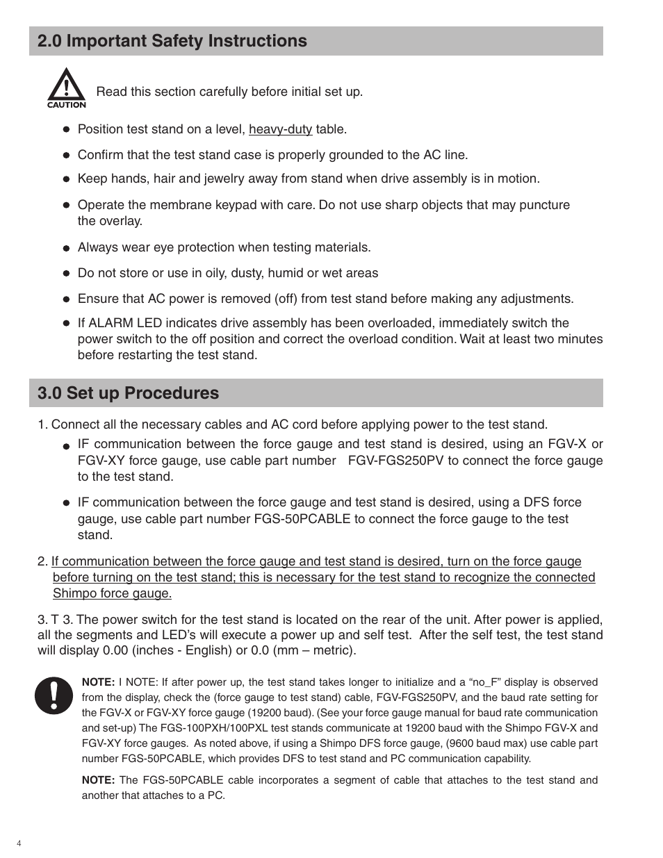0 important safety instructions, 0 set up procedures | Checkline FGS-100PX User Manual | Page 4 / 20