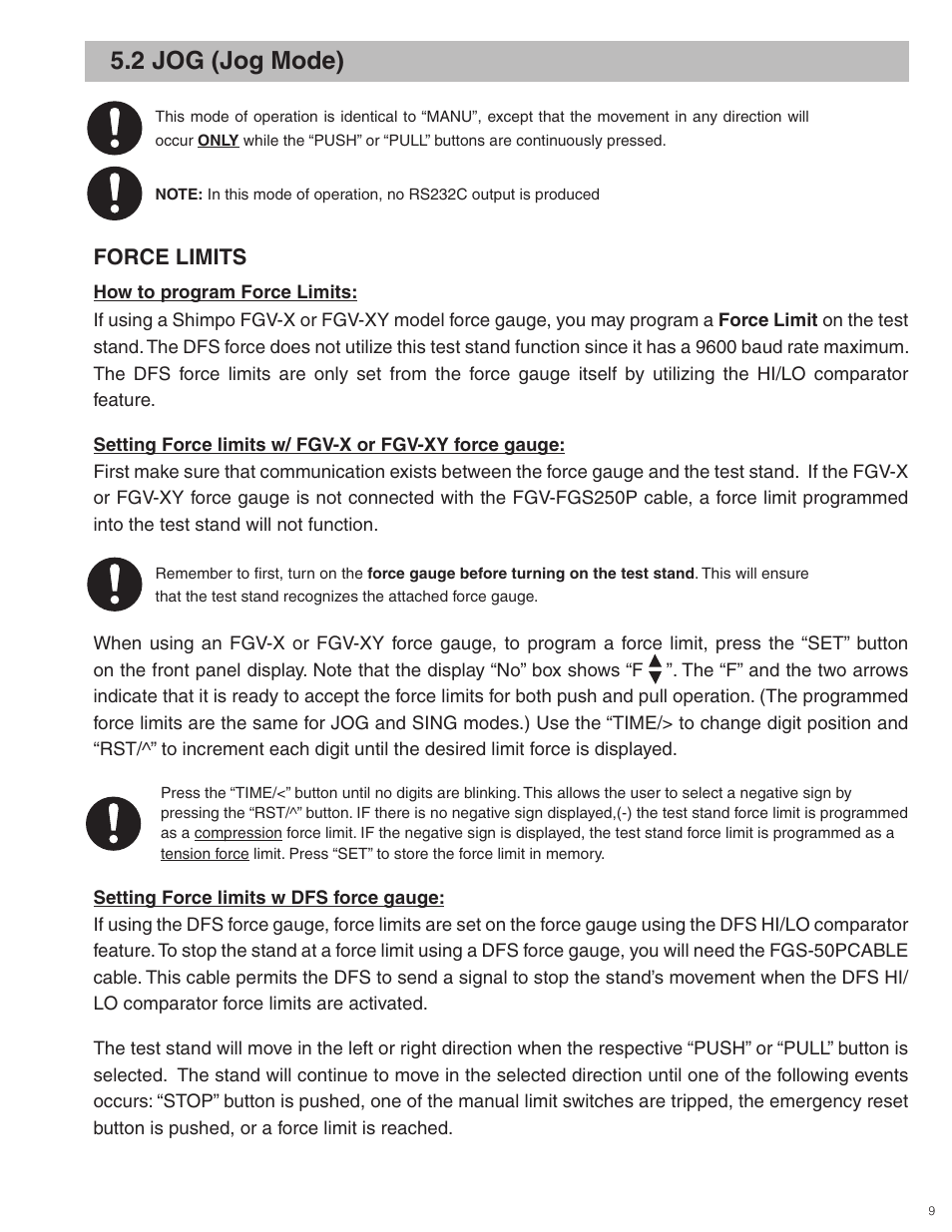 2 jog (jog mode), Force limits | Checkline FGS-100PX User Manual | Page 9 / 20
