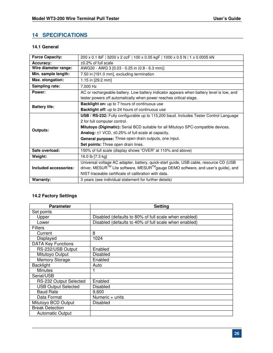 14 specifications | Checkline WT3-200 User Manual | Page 27 / 29