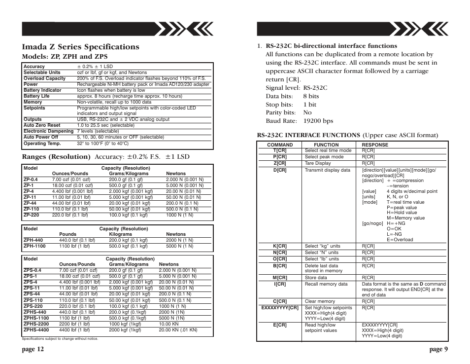 Imada z series specifications, Page 9 page 12 | Checkline ZP User Manual | Page 9 / 10
