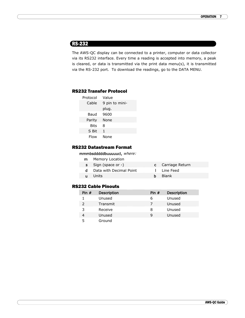 Rs-232, Rs232 transfer protocol, Rs232 datastream format | Rs232 cable pinouts | Checkline TT-QC User Manual | Page 7 / 10