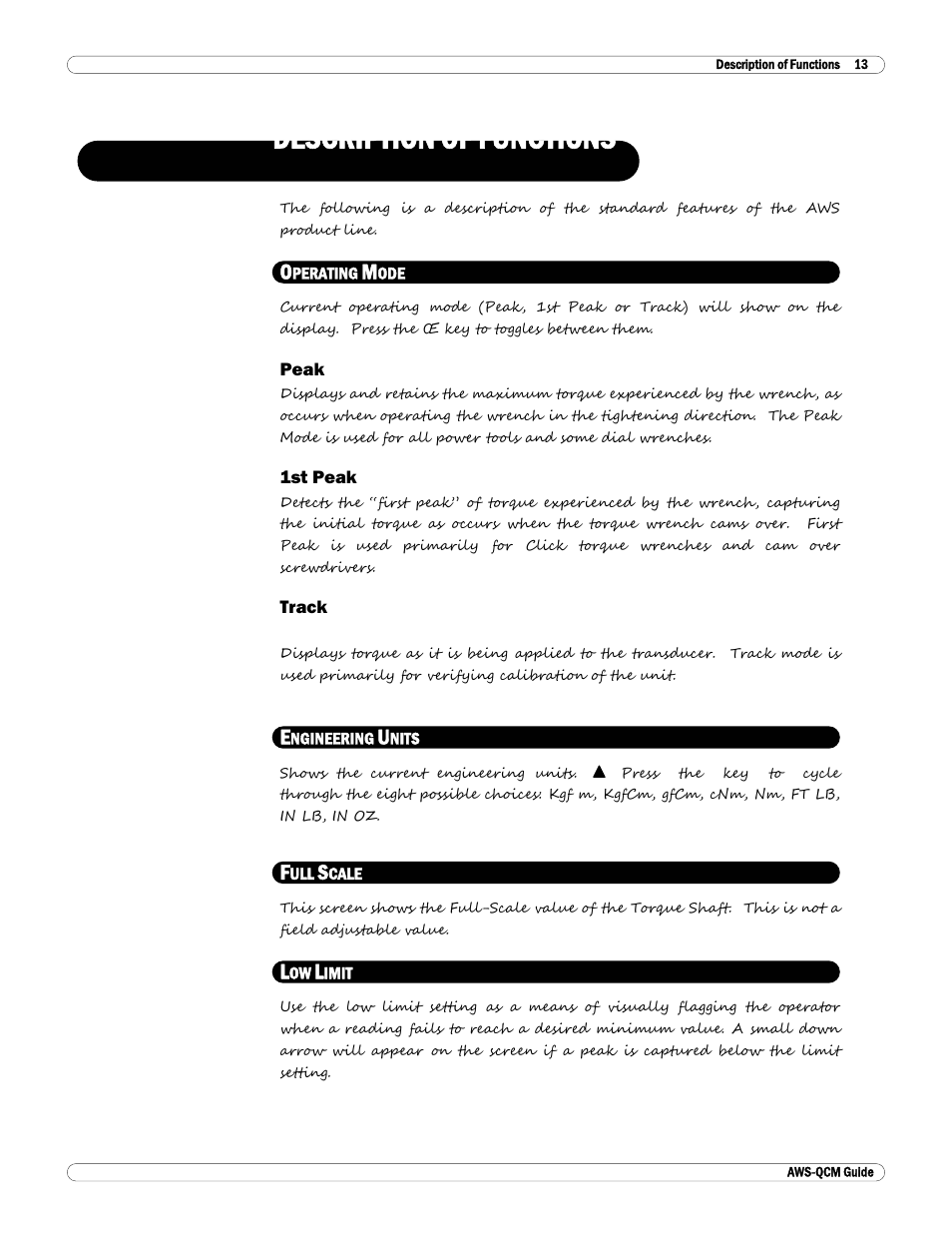 Description of functions, Operating mode, Peak | 1st peak, Track, Engineering units, Full scale, Low limit | Checkline TT-QCM User Manual | Page 14 / 16