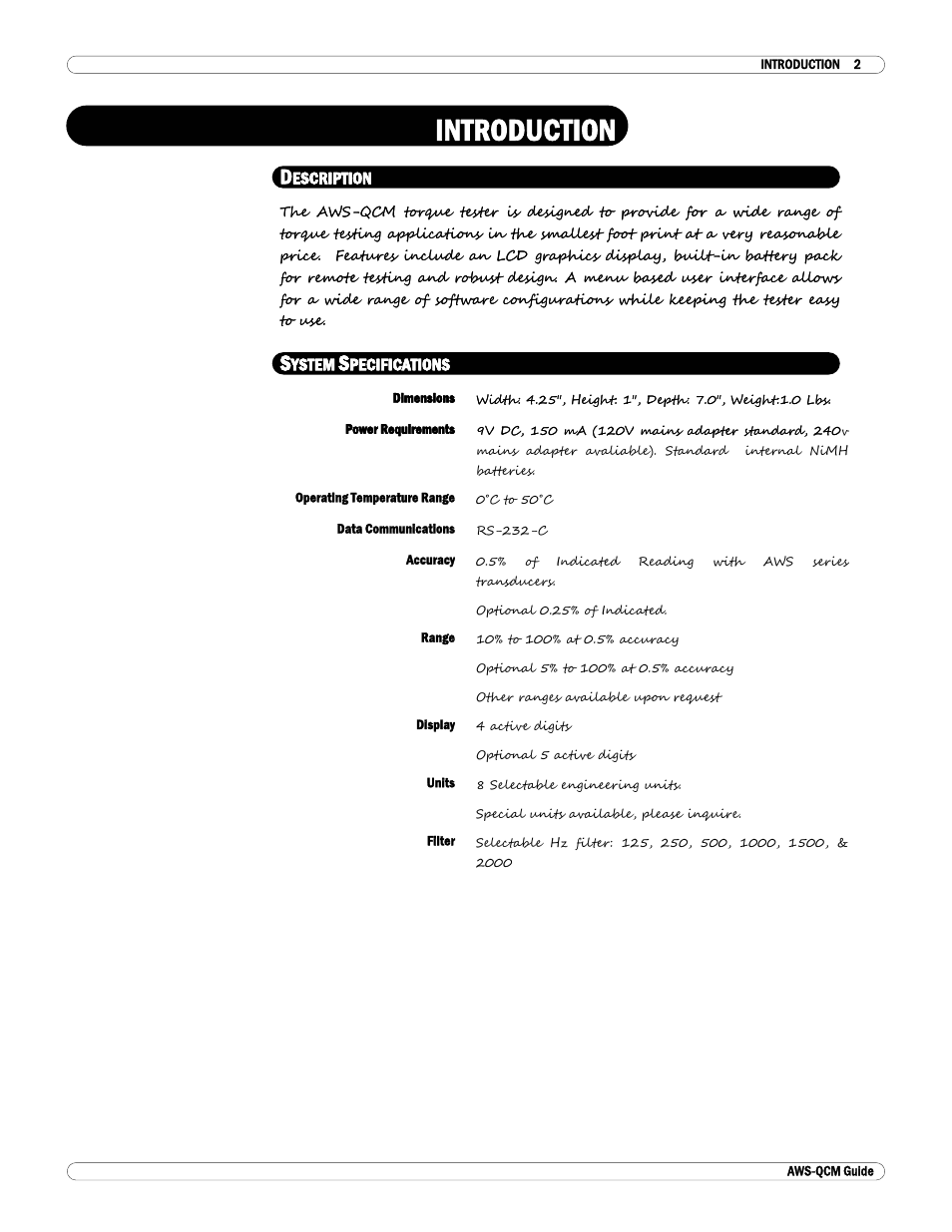 Introduction, Description, System specifications | Checkline TT-QCM User Manual | Page 3 / 16