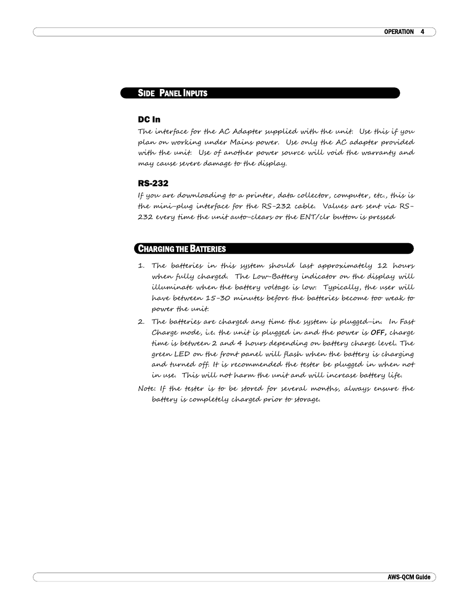 Side panel inputs, Dc in, Rs-232 | Charging the batteries | Checkline TT-QCM User Manual | Page 5 / 16