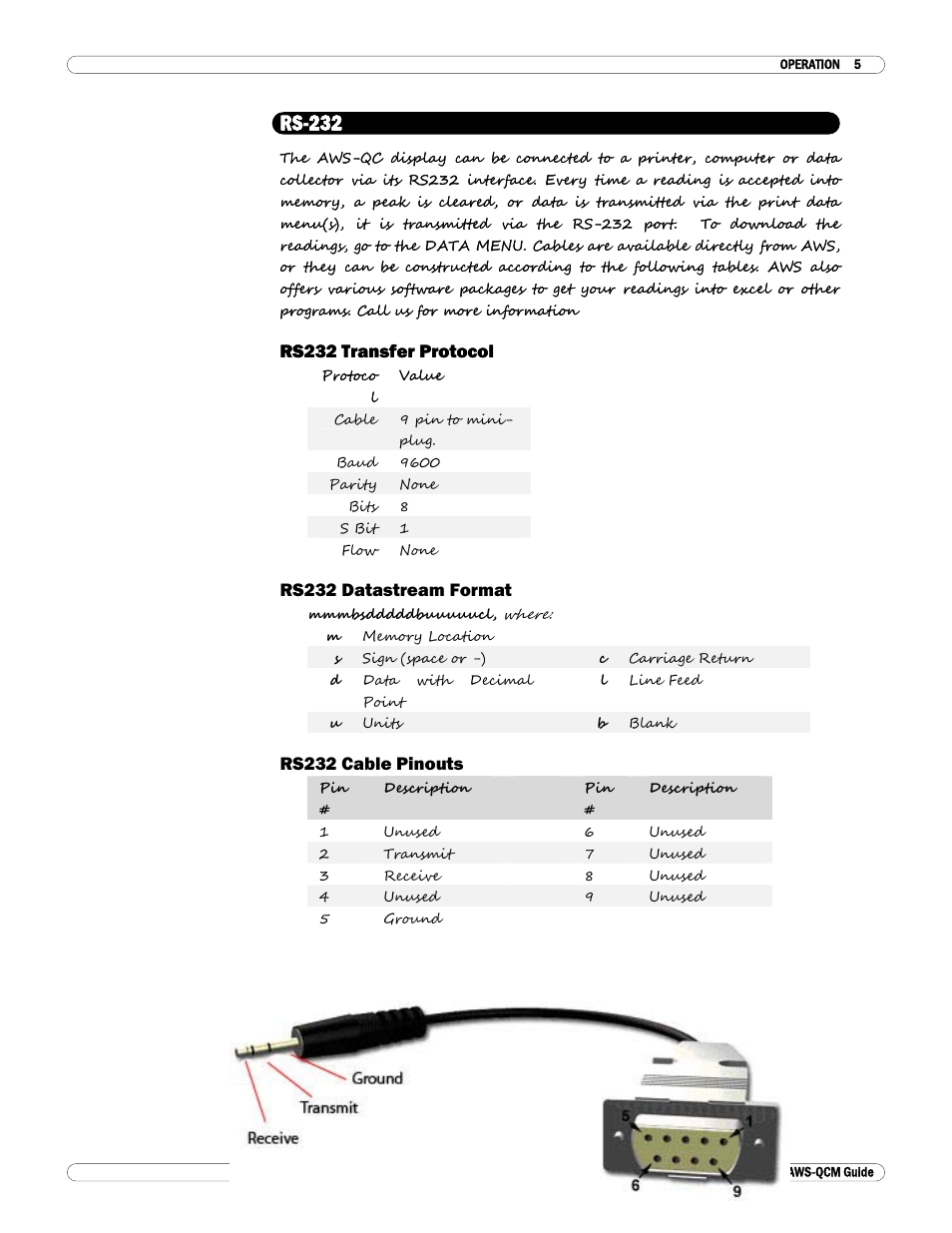 Rs-232, Rs232 transfer protocol, Rs232 datastream format | Rs232 cable pinouts | Checkline TT-QCM User Manual | Page 6 / 16