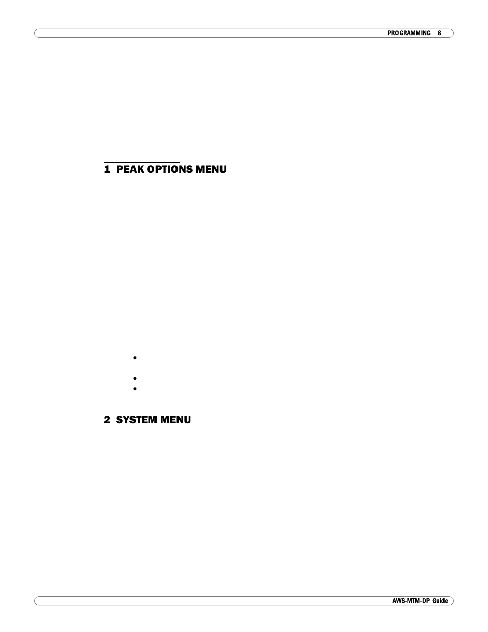 Menu tree, 1 peak options menu, 2 system menu | Checkline MTM User Manual | Page 9 / 14