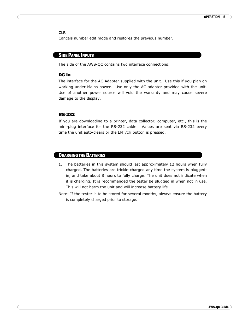 Side panel inputs, Dc in, Rs-232 | Charging the batteries | Checkline ILTT User Manual | Page 6 / 9