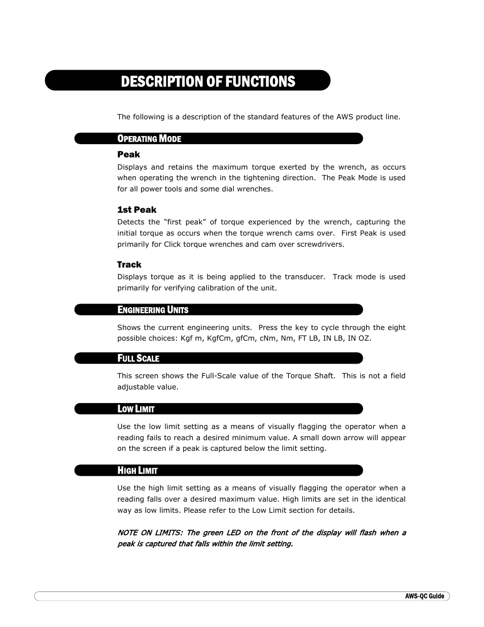 Description of functions, Operating mode, Peak | 1st peak, Track, Engineering units, Full scale, Low limit, High limit | Checkline ILTT User Manual | Page 8 / 9