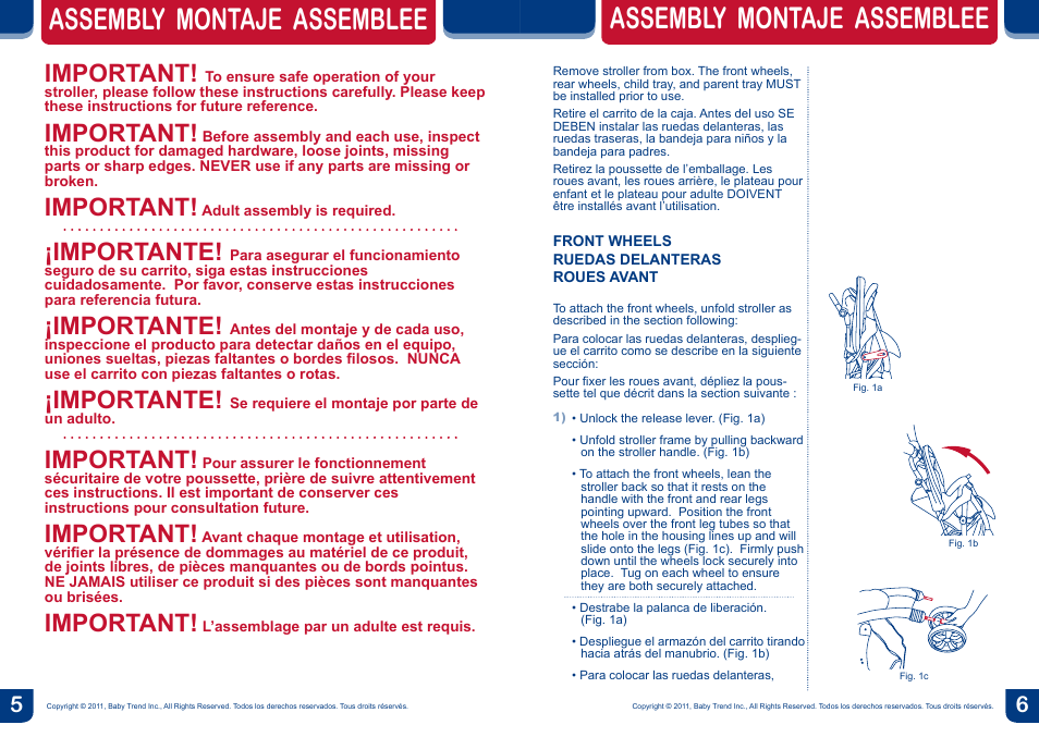 Assembly montaje assemblee, Important, Importante | Baby Trend Stride Sport ST29 User Manual | Page 4 / 12