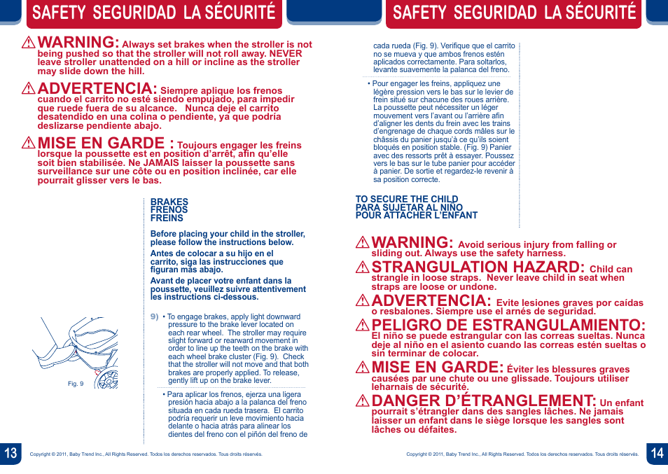 Safety seguridad la sécurité, Warning, Advertencia | Mise en garde, Strangulation hazard, Peligro de estrangulamiento, Danger d’étranglement | Baby Trend Stride Sport ST29 User Manual | Page 8 / 12