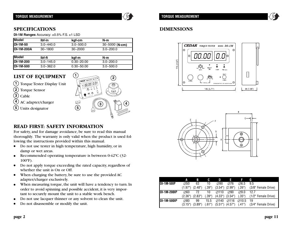 Specifications list of equipment, Read first: safety information, Dimensions | Checkline DI-1M User Manual | Page 2 / 6