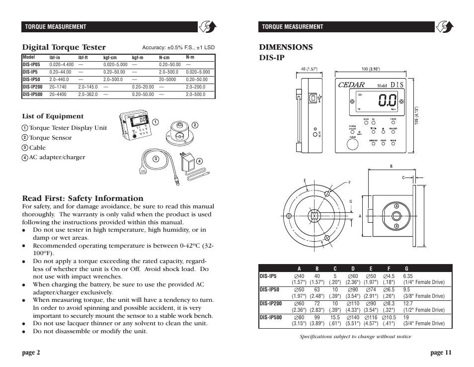 Dimensions dis-ip, Dimensions, Digital torque tester | Read first: safety information, Page 11 page 2, List of equipment | Checkline DIS-IP User Manual | Page 2 / 6
