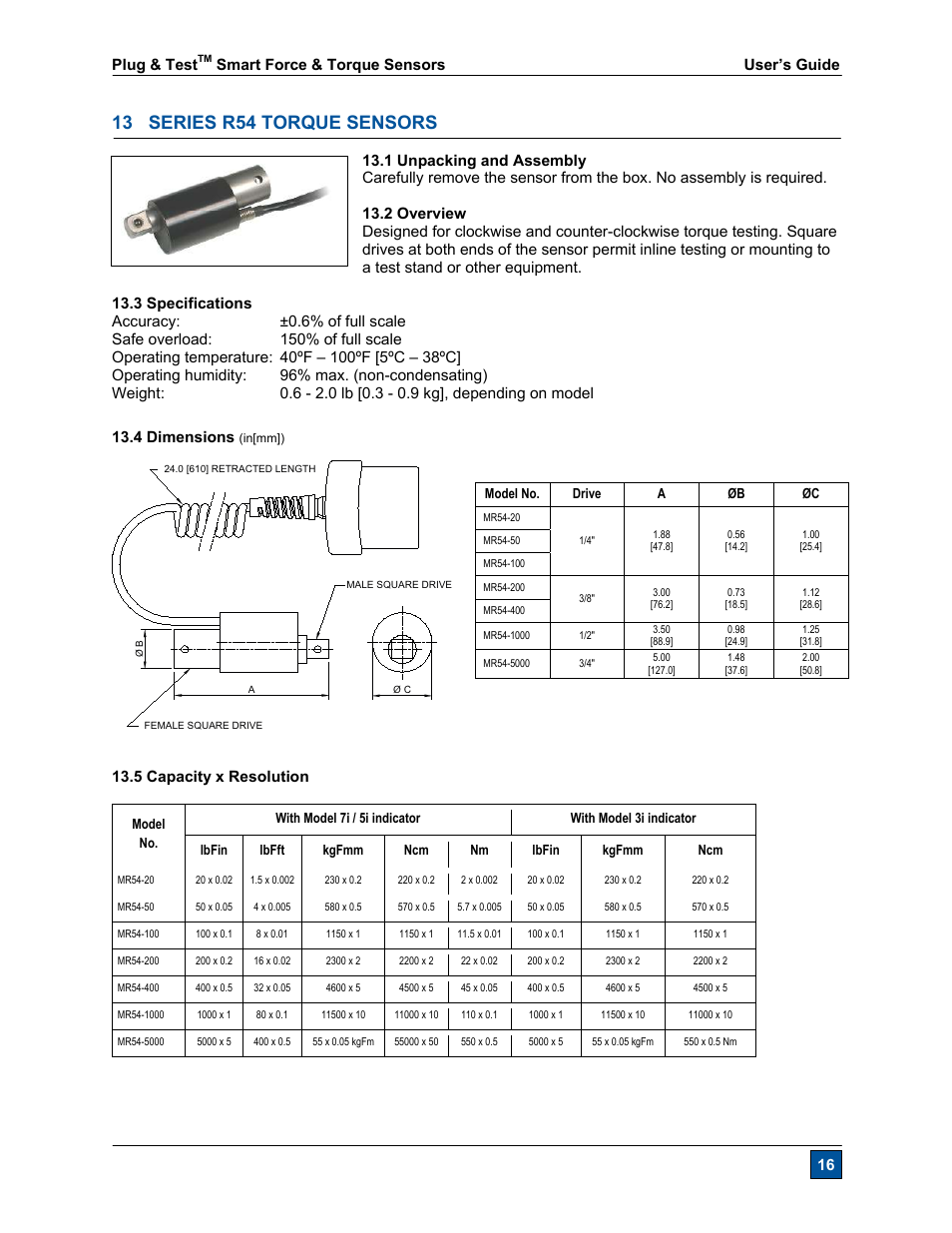 13 series r54 torque sensors, Plug & test, Smart force & torque sensors user’s guide 16 | 5 capacity x resolution | Checkline R55 User Manual | Page 17 / 18