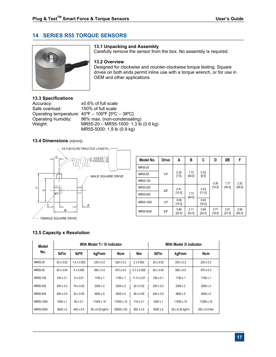 14 series r55 torque sensors, Plug & test, Smart force & torque sensors user’s guide 17 | 5 capacity x resolution | Checkline R55 User Manual | Page 18 / 18