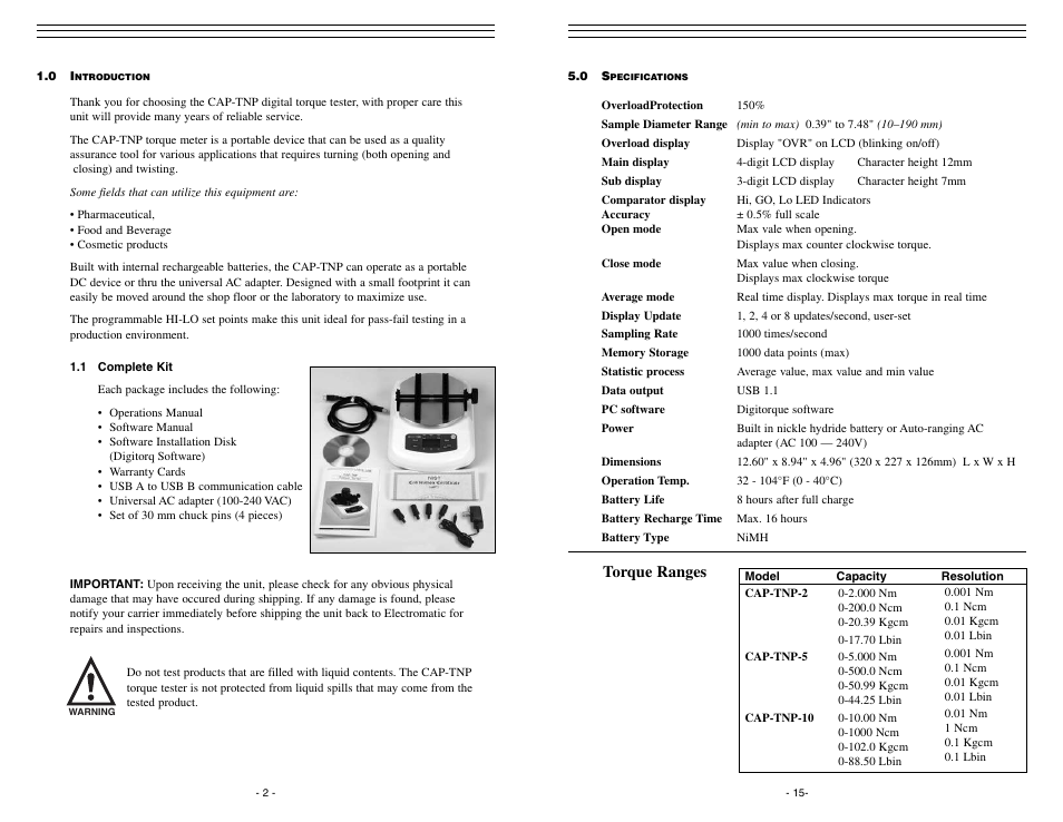 Torque ranges | Checkline CAP-TNP User Manual | Page 2 / 10