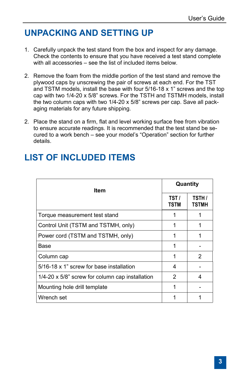 Unpacking and setting up, List of included items | Checkline TST User Manual | Page 3 / 9