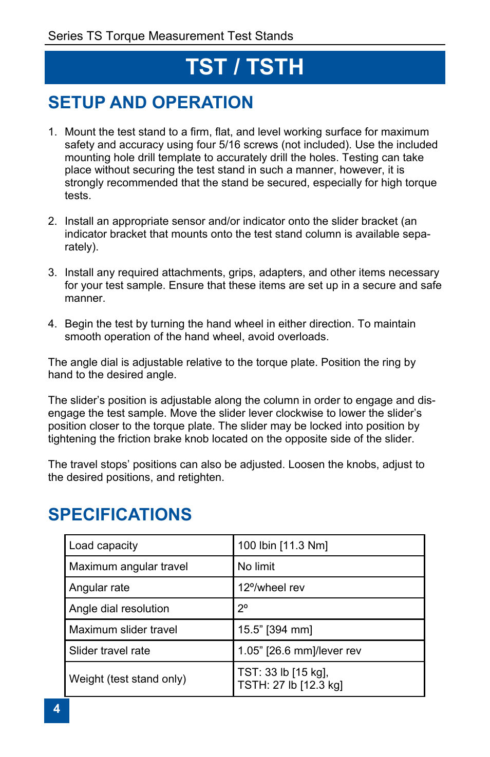 Tst / tsth, Setup and operation, Specifications | Checkline TST User Manual | Page 4 / 9