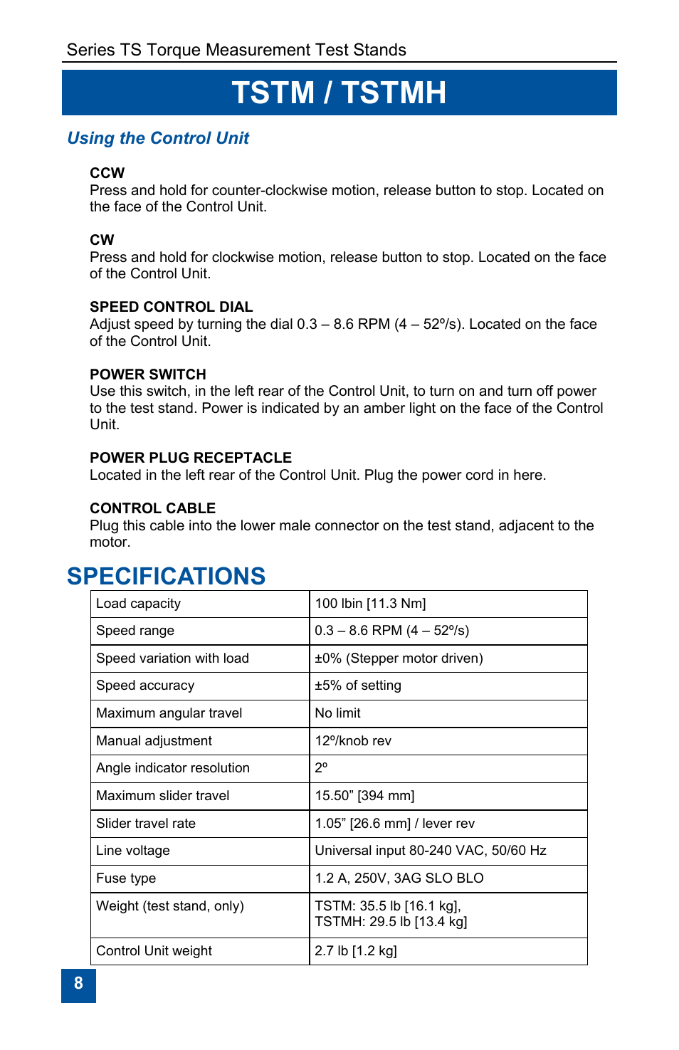 Tstm / tstmh, Specifications | Checkline TST User Manual | Page 8 / 9