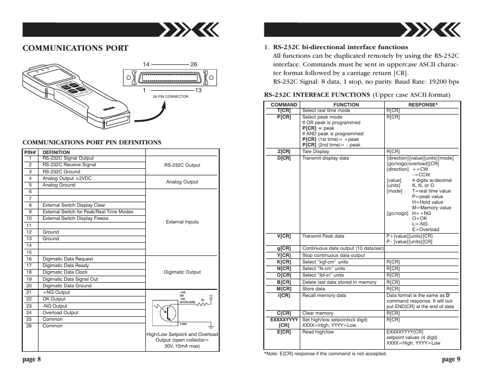 Communications port, Page 8 page 9, Digit al f orce gaug e | Communications port pin definitions | Checkline HTG2 User Manual | Page 8 / 8