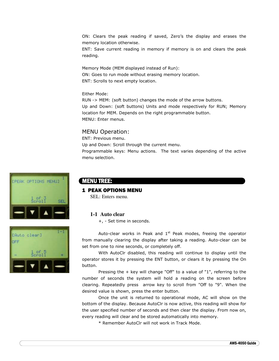 Menu tree, Menu operation, 1 peak options menu | 1 auto clear | Checkline AWS-4050 User Manual | Page 8 / 14