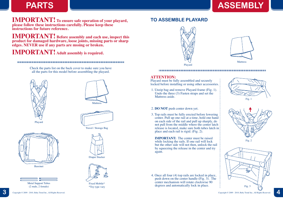 Parts, Assembly, Important | Baby Trend Nursery Center PY81988 User Manual | Page 3 / 6