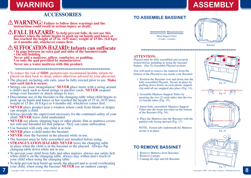 Warning assembly, Warning, Fall hazard | Suffocation hazard, Accessories, Infants can suffocate | Baby Trend Nursery Center PY81988 User Manual | Page 5 / 6