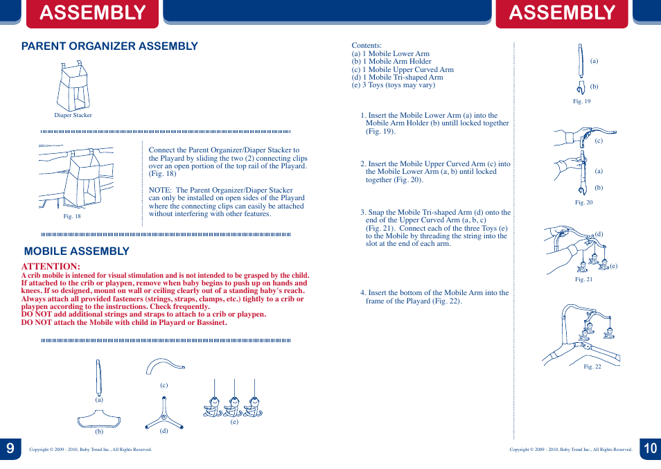 Assembly, Parent organizer assembly mobile assembly | Baby Trend Nursery Center PY81988 User Manual | Page 6 / 6