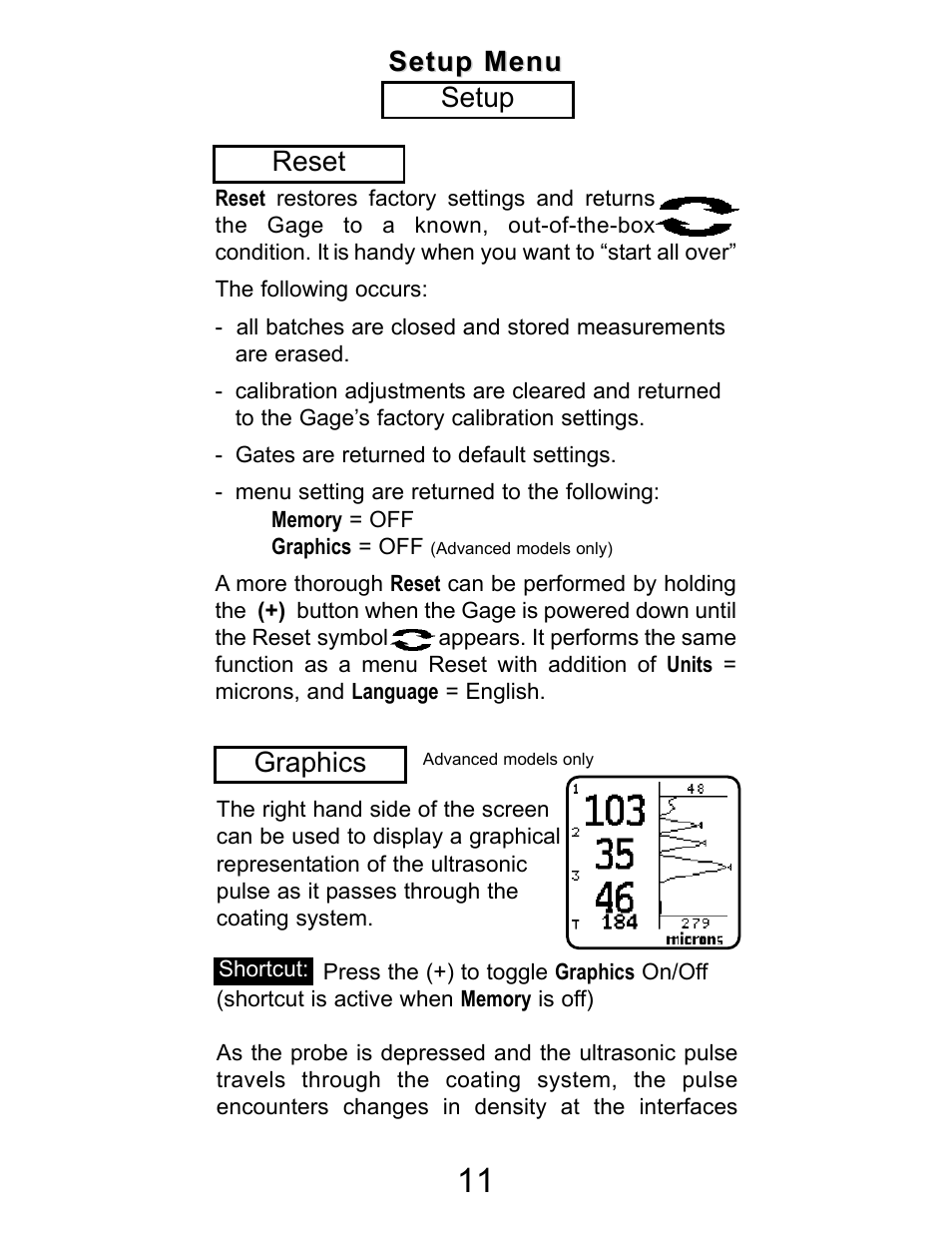 Graphics, Setup menu, Setup menu setup reset | Checkline PT-200 User Manual | Page 11 / 20