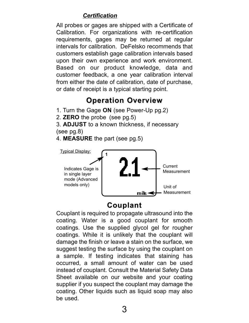 Operation overview, Couplant | Checkline PT-200 User Manual | Page 3 / 20