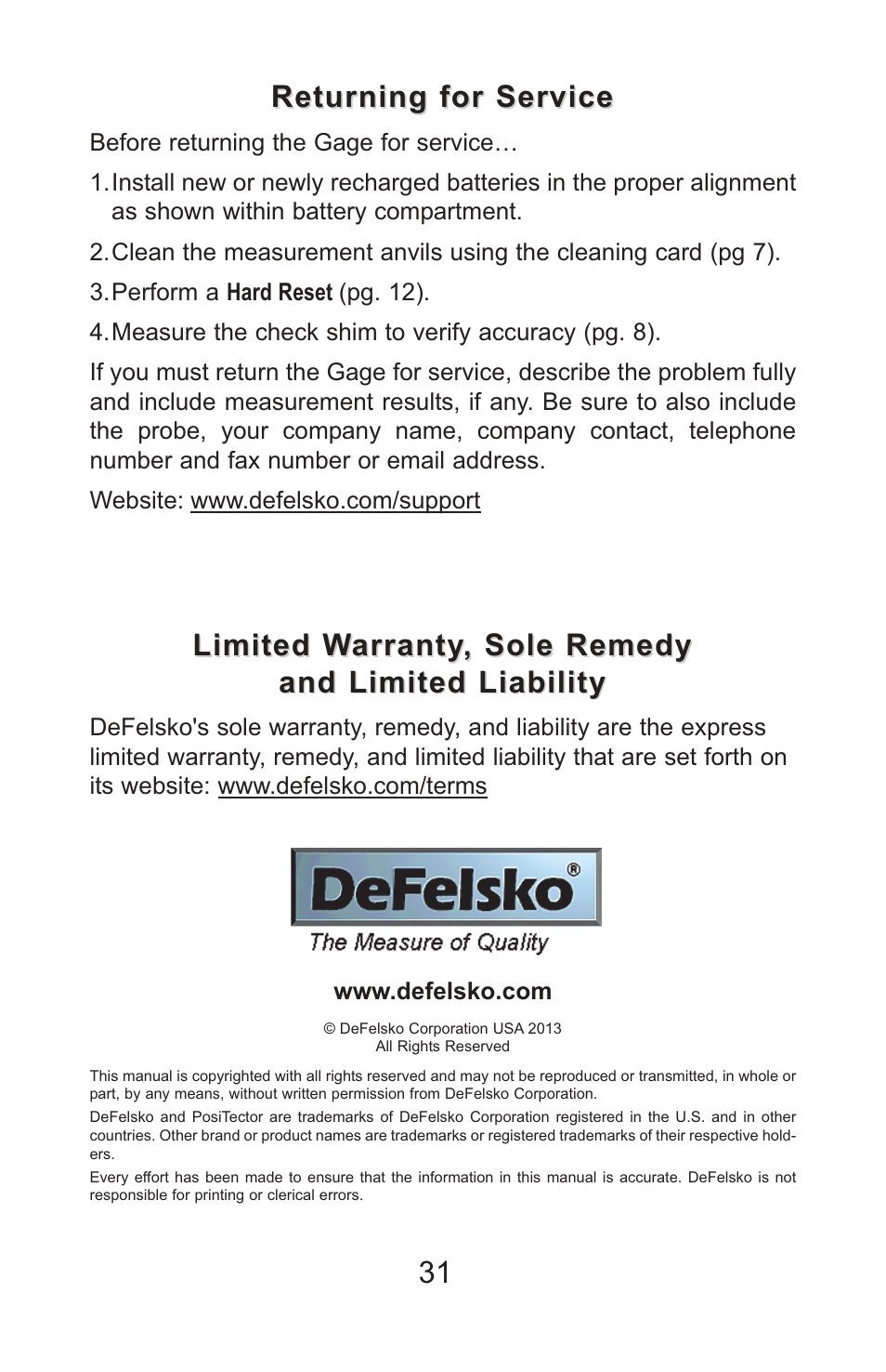 Limited warranty, sole remedy, Returning for service | Checkline PT-RTR User Manual | Page 34 / 35