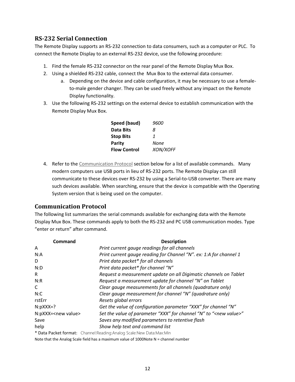 Rs-232 serial connection, Communication protocol | Checkline EMS4 User Manual | Page 12 / 27