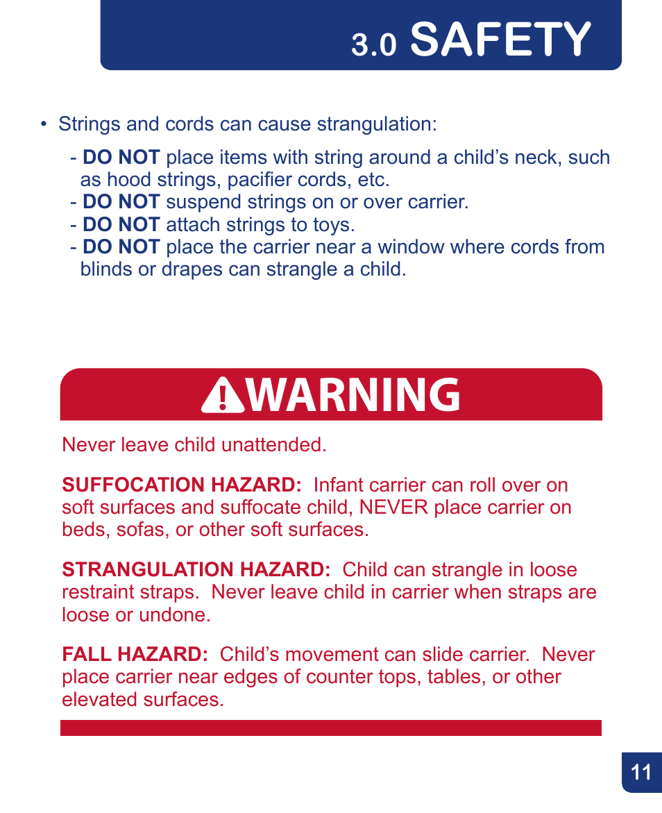 Warning, Safety | Baby Trend Flex-Loc Infnat Car Seat CSO190AD809 User Manual | Page 11 / 52