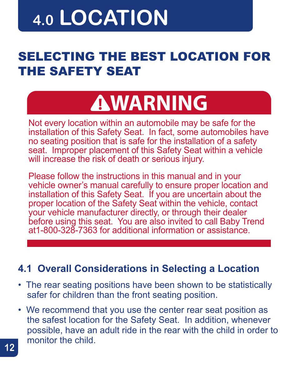 Warning, Location, Selecting the best location for the safety seat | Baby Trend Flex-Loc Infnat Car Seat CSO190AD809 User Manual | Page 12 / 52